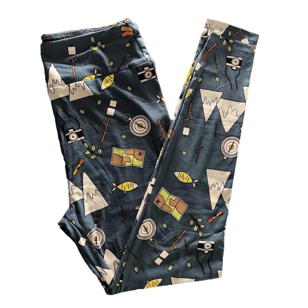 Lularoe (2-10) OS Leggings Forest W/ Foxes Owls Acorns Slate Blue Background NWT